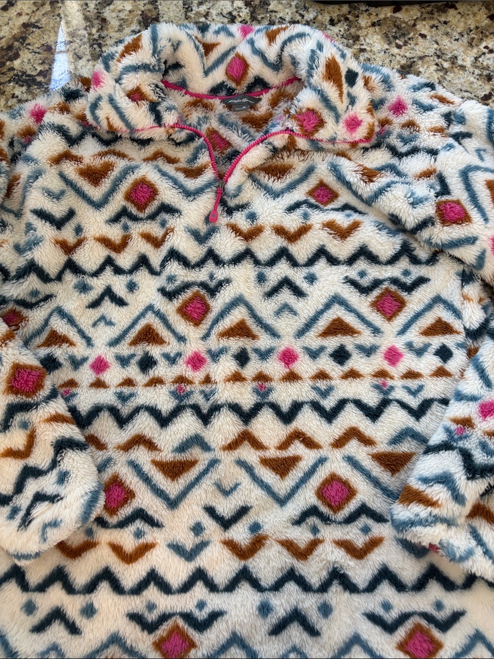 Eddie Bauer Ivory Fleece Pullover with Pink, Brown & Blue Geo Pattern